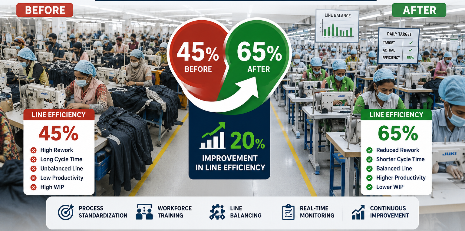 How Garment Line Efficiency Improved from 45% to 65%: A Factory Transformation Case Study