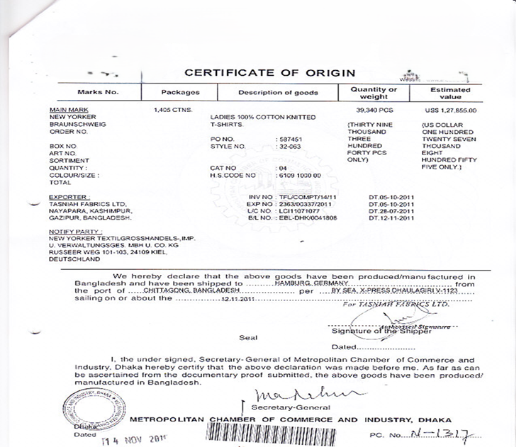 Certificate of Origin