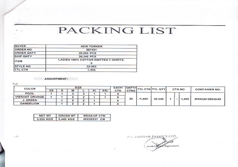 Packing List