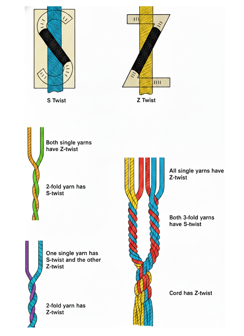 S-twist yarn, Z-twist yarn